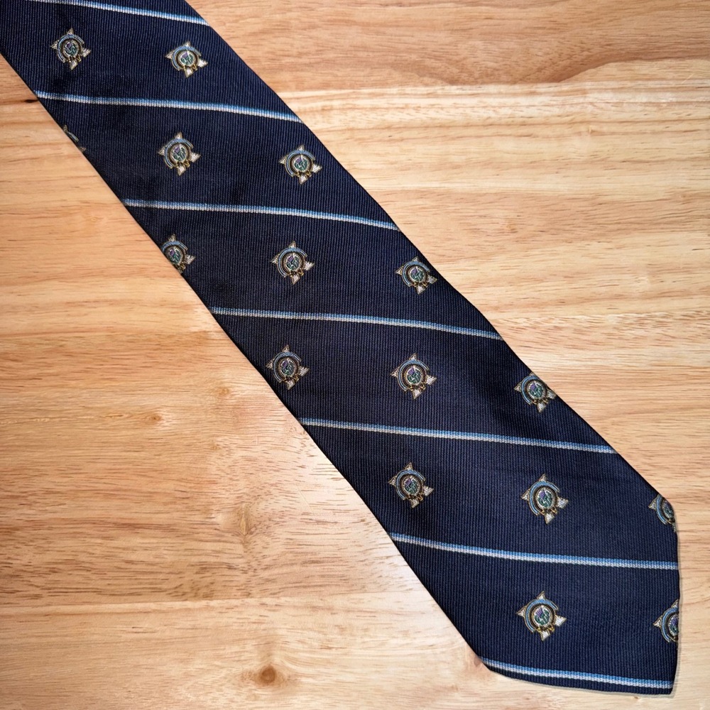 Ben Silver Charleston Mens Navy Blue Silk Striped Crested Handmade Necktie Tie